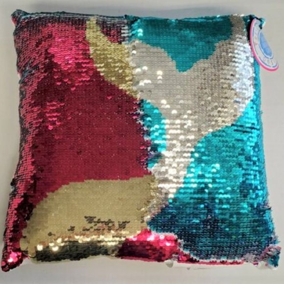 NWT Sparkly Charming Charlie Blue & Pink Reversible Mermaid Tail Sequin Pillow - Picture 3 of 7